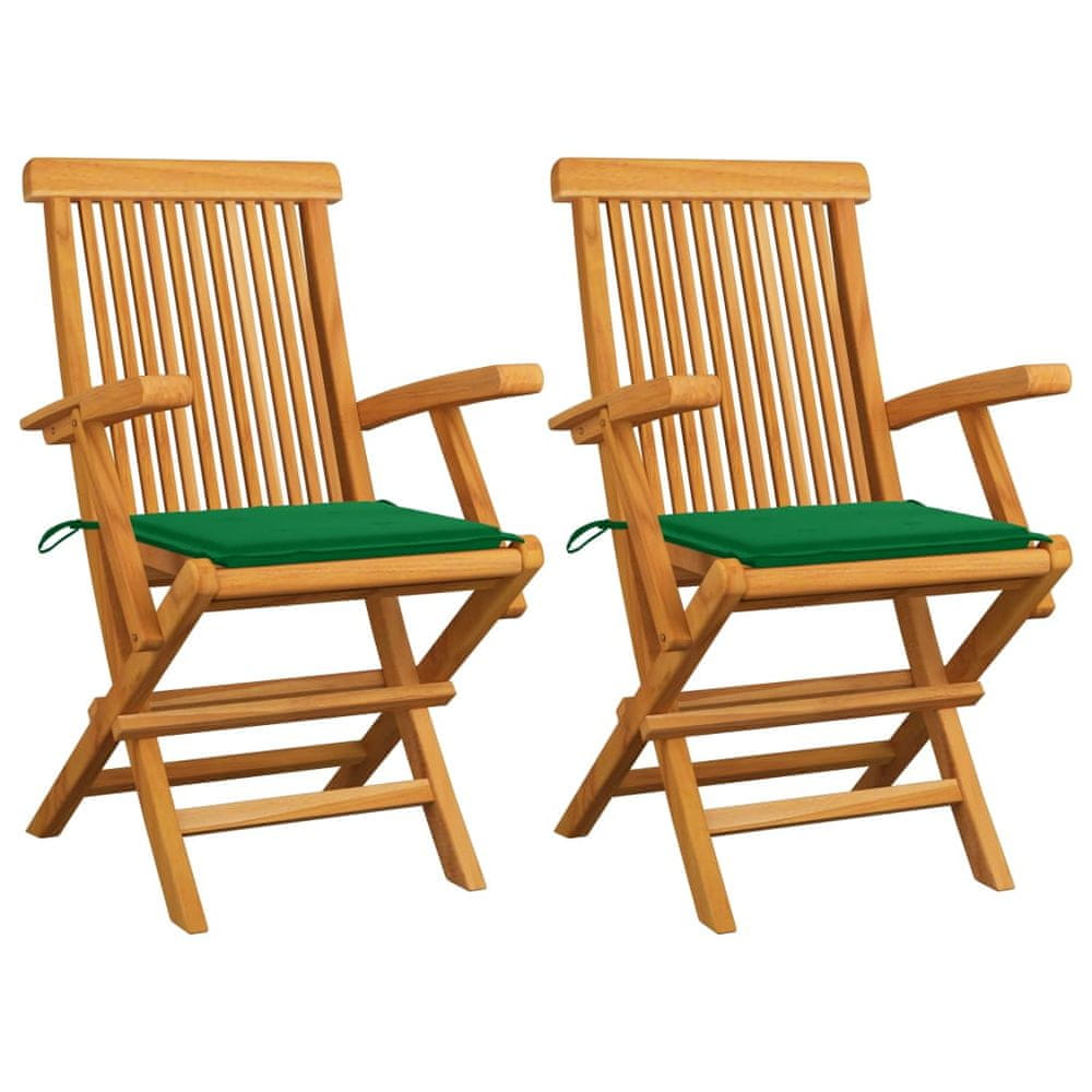 Vidaxl Záhradné stoličky, zelené podložky 2 ks, tíkový masív